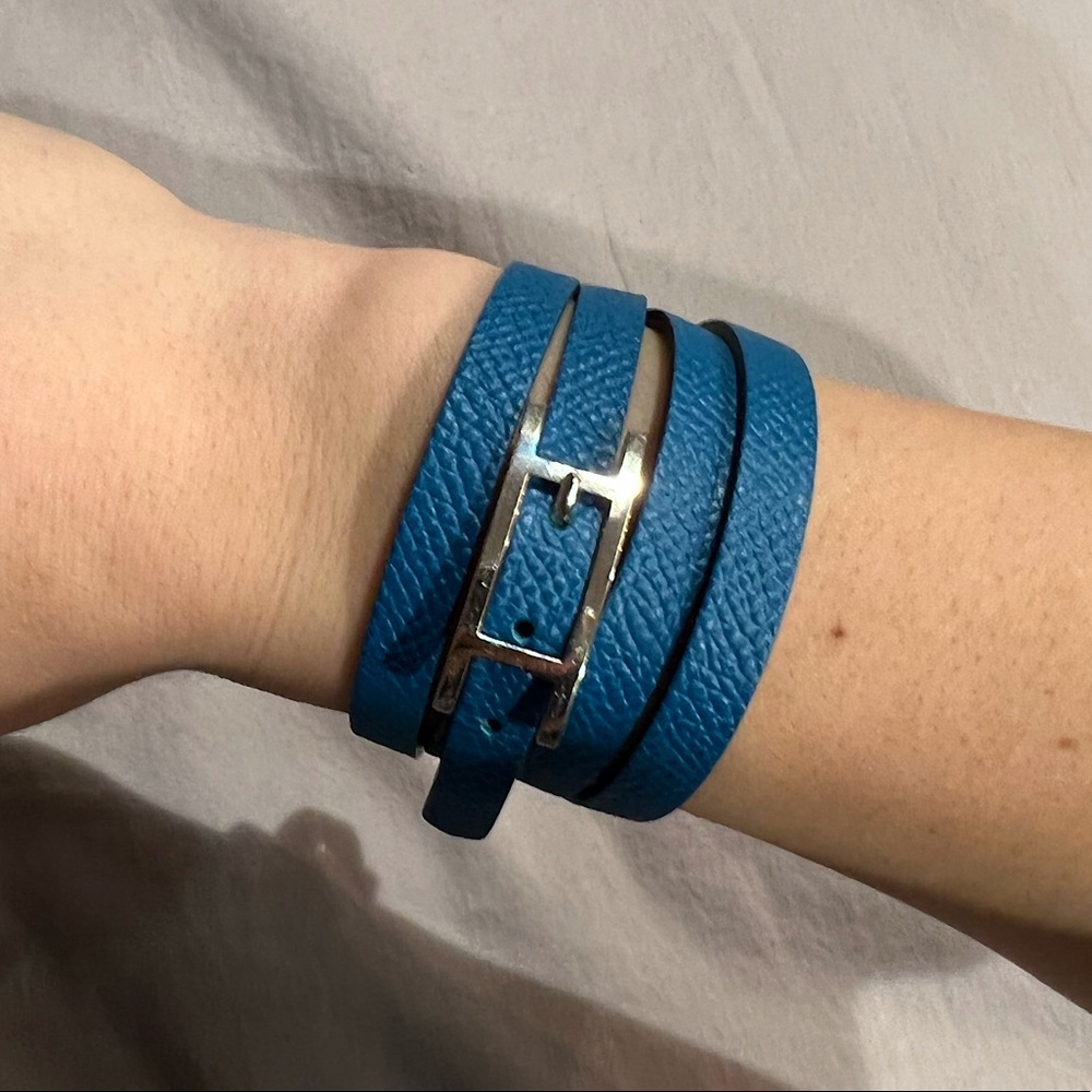 Hermes Blue Wrap Bracelets with Silver H Buckle